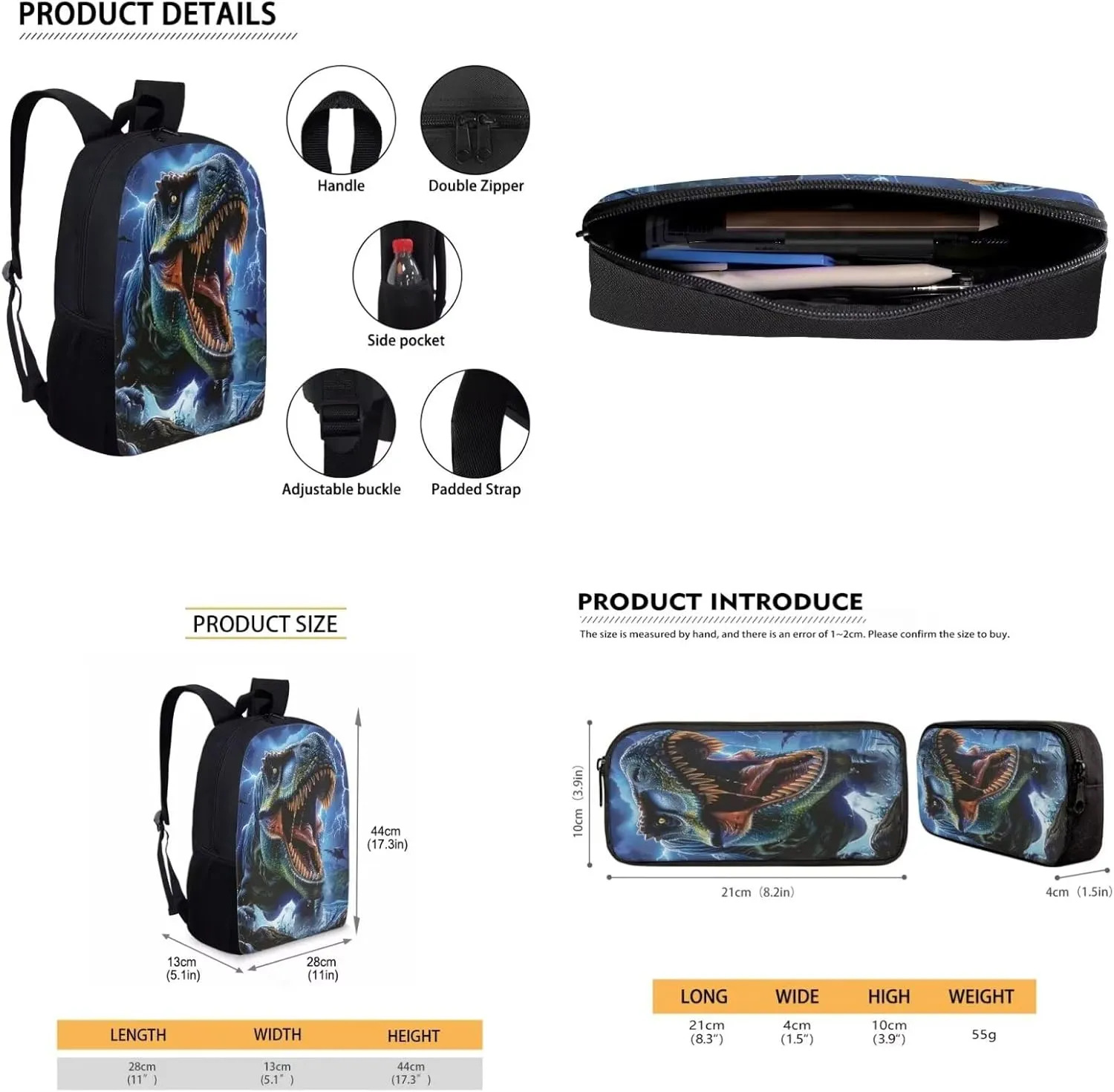 Boys Dinosaur Printed School Backpack, 3 Pcs Kids Backpack Set with Lunch Bag Pencil Case, Lightweight Knapsack Set for Teens, Large Casual School Bag Set for Primary School Students