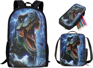 Boys Dinosaur Printed School Backpack, 3 Pcs Kids Backpack Set with Lunch Bag Pencil Case, Lightweight Knapsack Set for Teens, Large Casual School Bag Set for Primary School Students