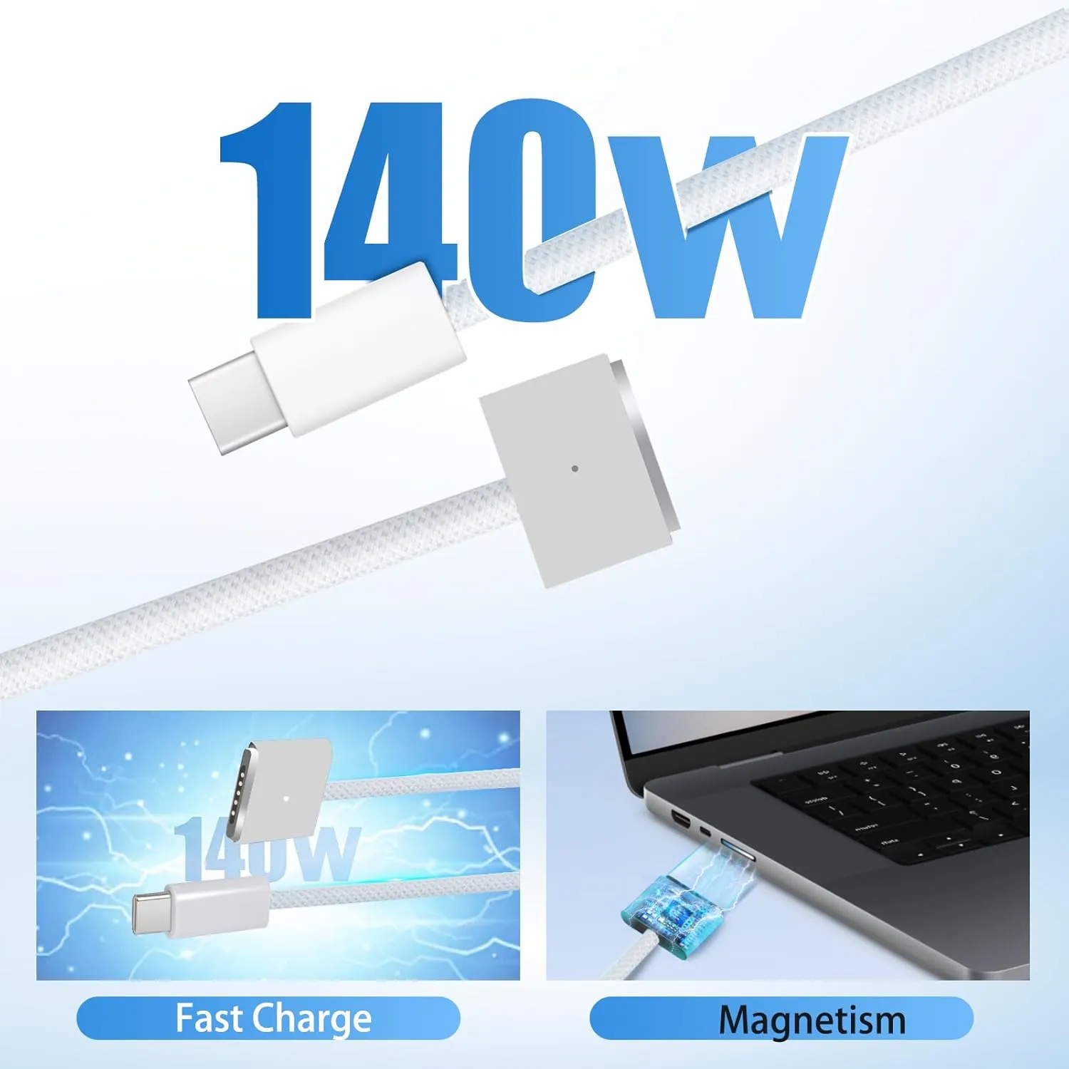 Braided 140W USB-C to Magnetic 3 Power Cable, Compatible with MacBook Pro M1/M2/M3 Pro/Max 14"/16" 2021/2022/2023 & MacBook Air 13.6"/15.3" M2/M3 2022/2023/2024-6.6ft (Silver)