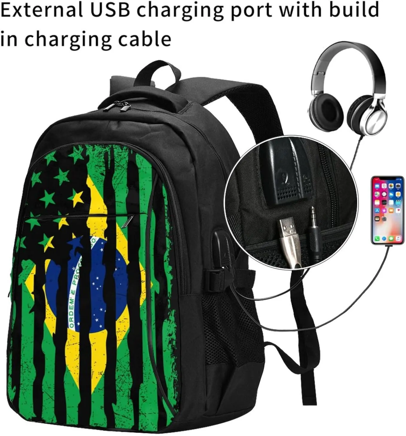 Brazilian American Pride Flag Brazil Roots Casual Travel Backpacks Hiking Camping Backpack Large Outdoor Sport Daypack Laptop Rucksack Climbing Working Bags with USB Port