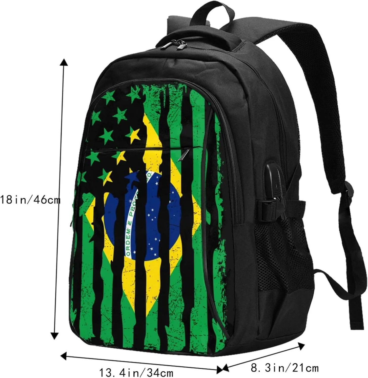 Brazilian American Pride Flag Brazil Roots Casual Travel Backpacks Hiking Camping Backpack Large Outdoor Sport Daypack Laptop Rucksack Climbing Working Bags with USB Port