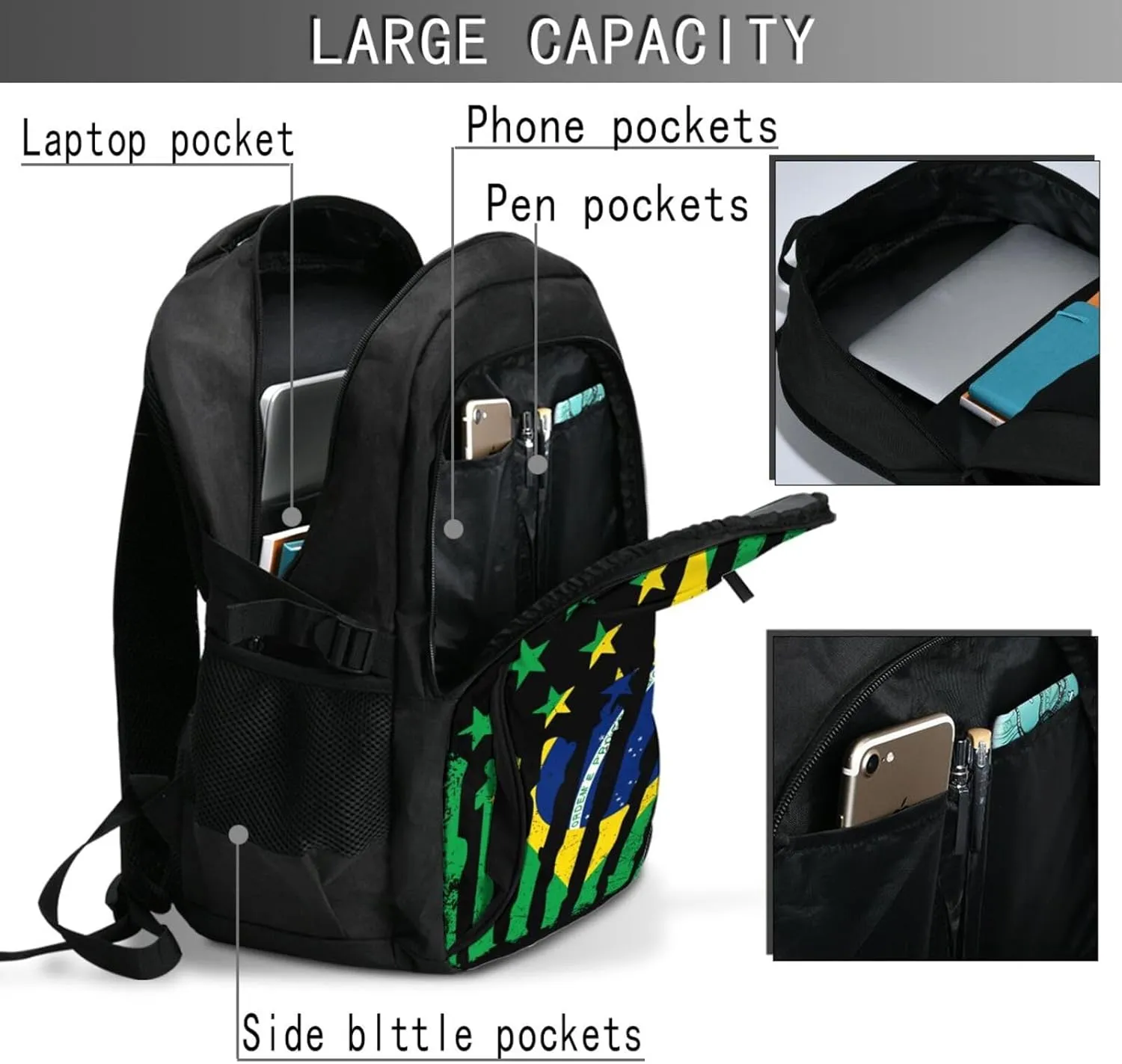 Brazilian American Pride Flag Brazil Roots Casual Travel Backpacks Hiking Camping Backpack Large Outdoor Sport Daypack Laptop Rucksack Climbing Working Bags with USB Port