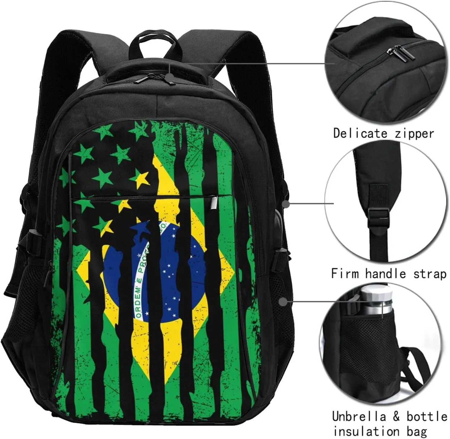 Brazilian American Pride Flag Brazil Roots Casual Travel Backpacks Hiking Camping Backpack Large Outdoor Sport Daypack Laptop Rucksack Climbing Working Bags with USB Port