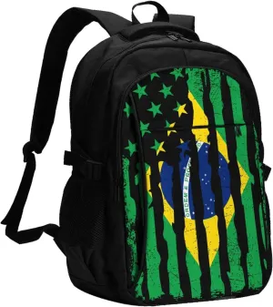 Brazilian American Pride Flag Brazil Roots Casual Travel Backpacks Hiking Camping Backpack Large Outdoor Sport Daypack Laptop Rucksack Climbing Working Bags with USB Port