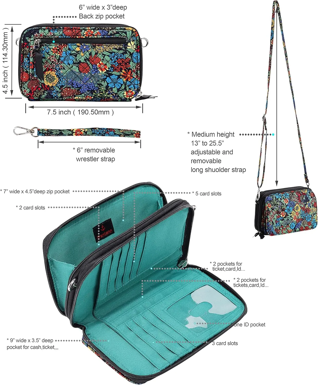 Brentano Cotton quilted double-zipper crossbody wallet purse and clutch