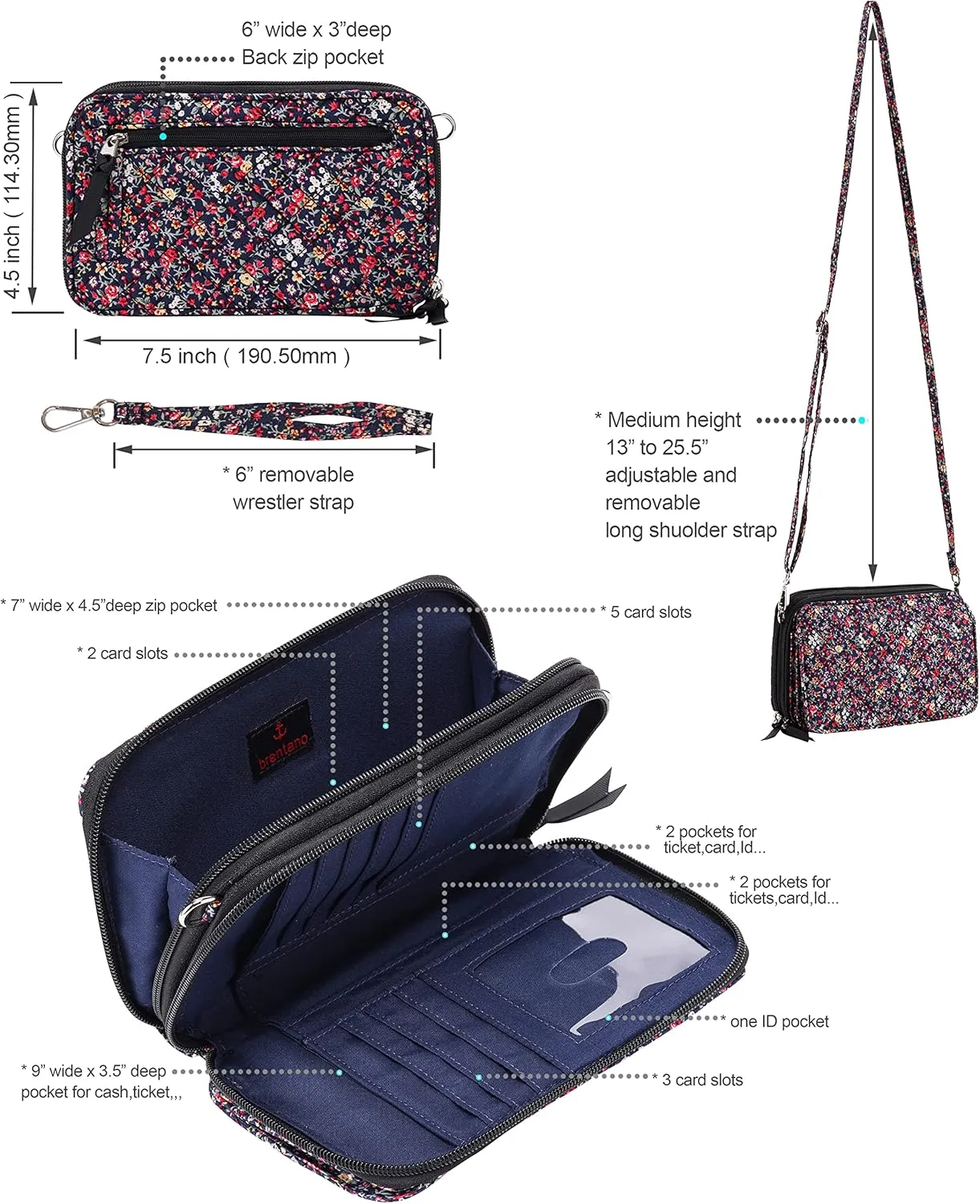 Brentano Cotton quilted double-zipper crossbody wallet purse and clutch