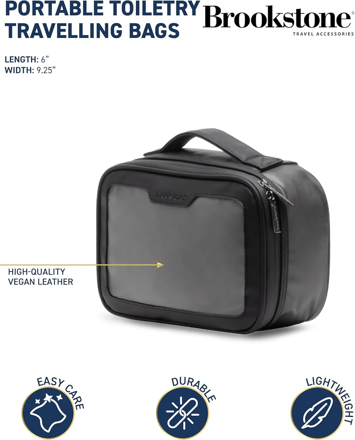 Brookstone Compact Toiletry Kit - 3 Piece Vegan Leather Travel Toiletry Bag with Zip Pouches - Hygiene Bag Toiletry Organizer, Black