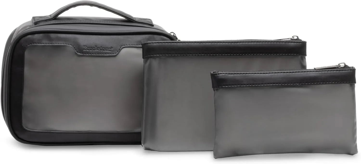Brookstone Compact Toiletry Kit - 3 Piece Vegan Leather Travel Toiletry Bag with Zip Pouches - Hygiene Bag Toiletry Organizer, Black