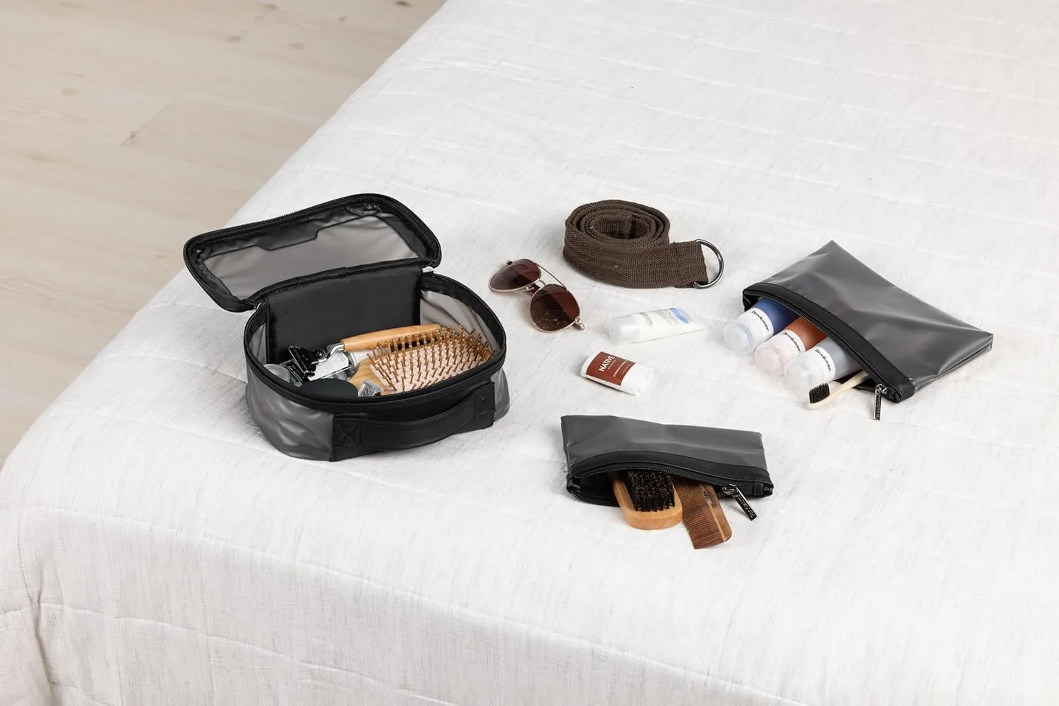 Brookstone Compact Toiletry Kit - 3 Piece Vegan Leather Travel Toiletry Bag with Zip Pouches - Hygiene Bag Toiletry Organizer, Black