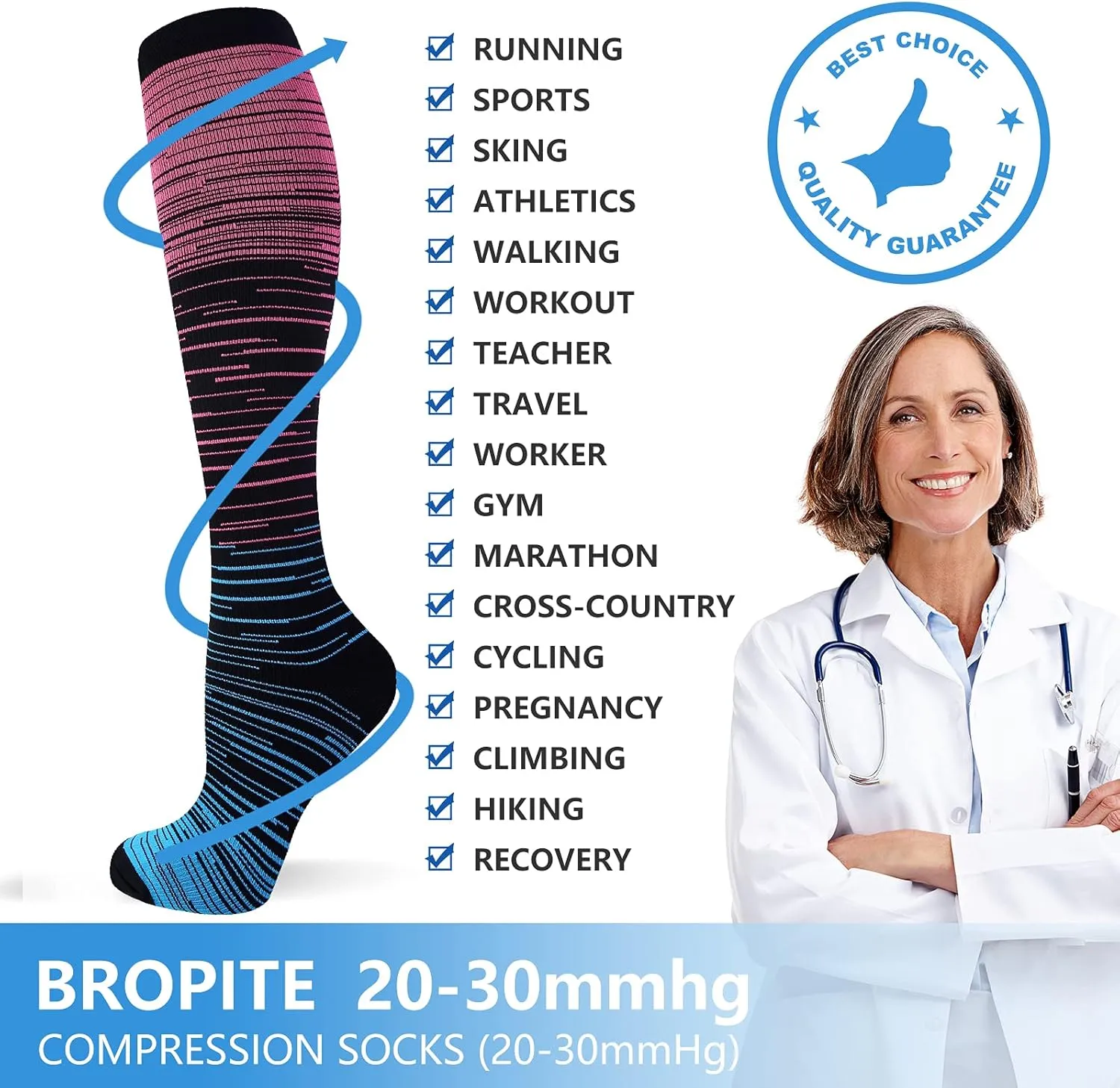 bropite Compression Socks for Women & Men-6 Pairs 20-30mmhg Support Running Nurse Travel Compression Socks