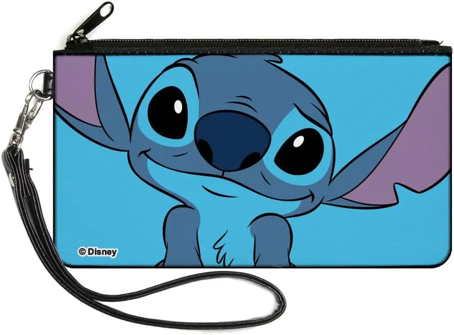 Buckle-Down Disney Wallet, Zip Clutch, Lilo and Stitch Stitch Sweet Smiling Pose Close Up Blues, Canvas