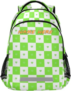 Buffalo Plaid Check Heart Green customized name travel backpack for kids with large personalized name tag books bag for 5th grade school boys girls mochilas escolares para ni?os de 10 a?os