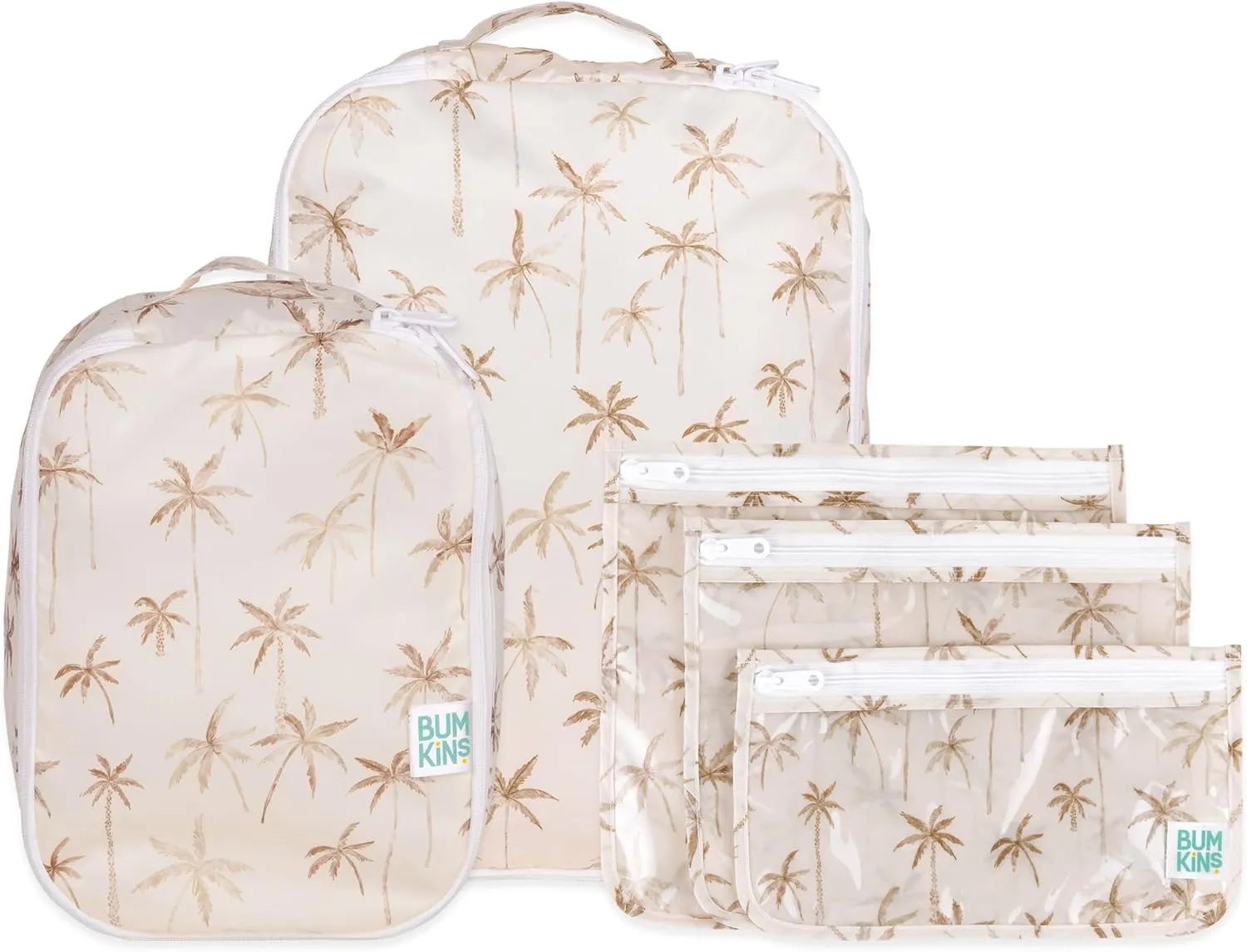 Bumkins Packing Cubes and TSA Approved Pouches for Travel Bag, Organize Luggage with Compression Bags, Essential Traveling Accessories to Pack Clothes, Toiletries Carry On Suitcase, 5-pc Palm Trees