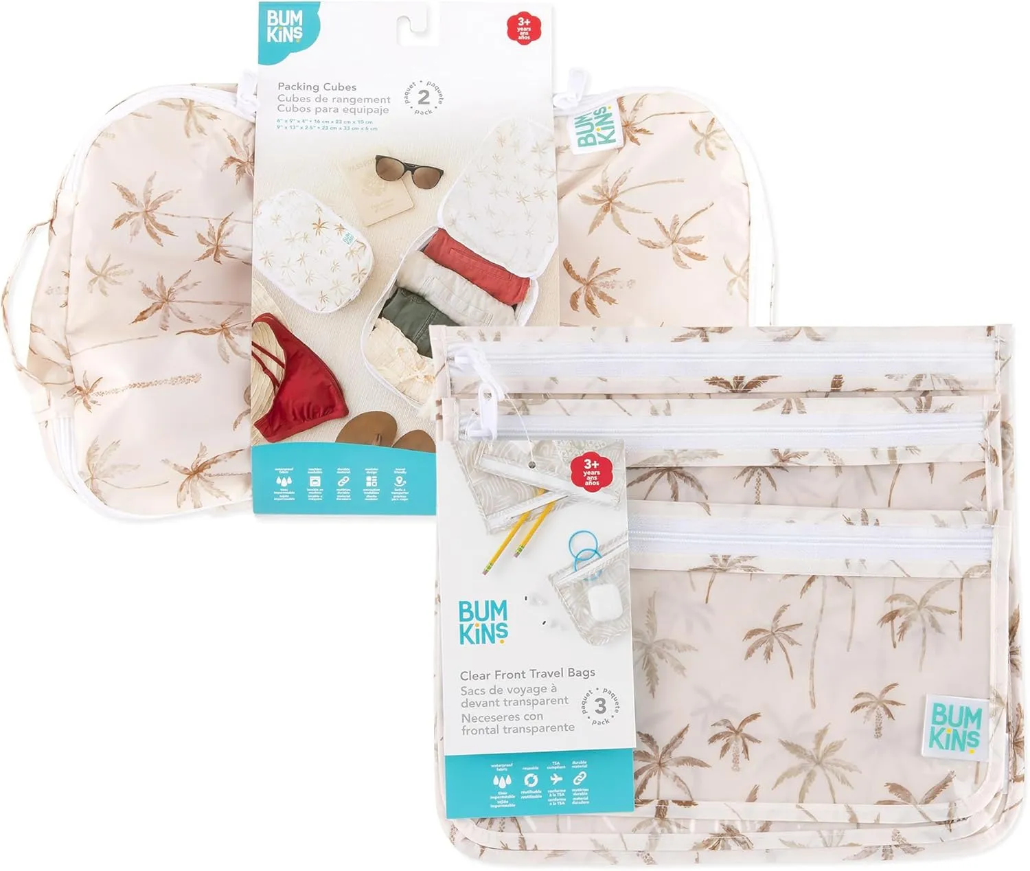 Bumkins Packing Cubes and TSA Approved Pouches for Travel Bag, Organize Luggage with Compression Bags, Essential Traveling Accessories to Pack Clothes, Toiletries Carry On Suitcase, 5-pc Palm Trees