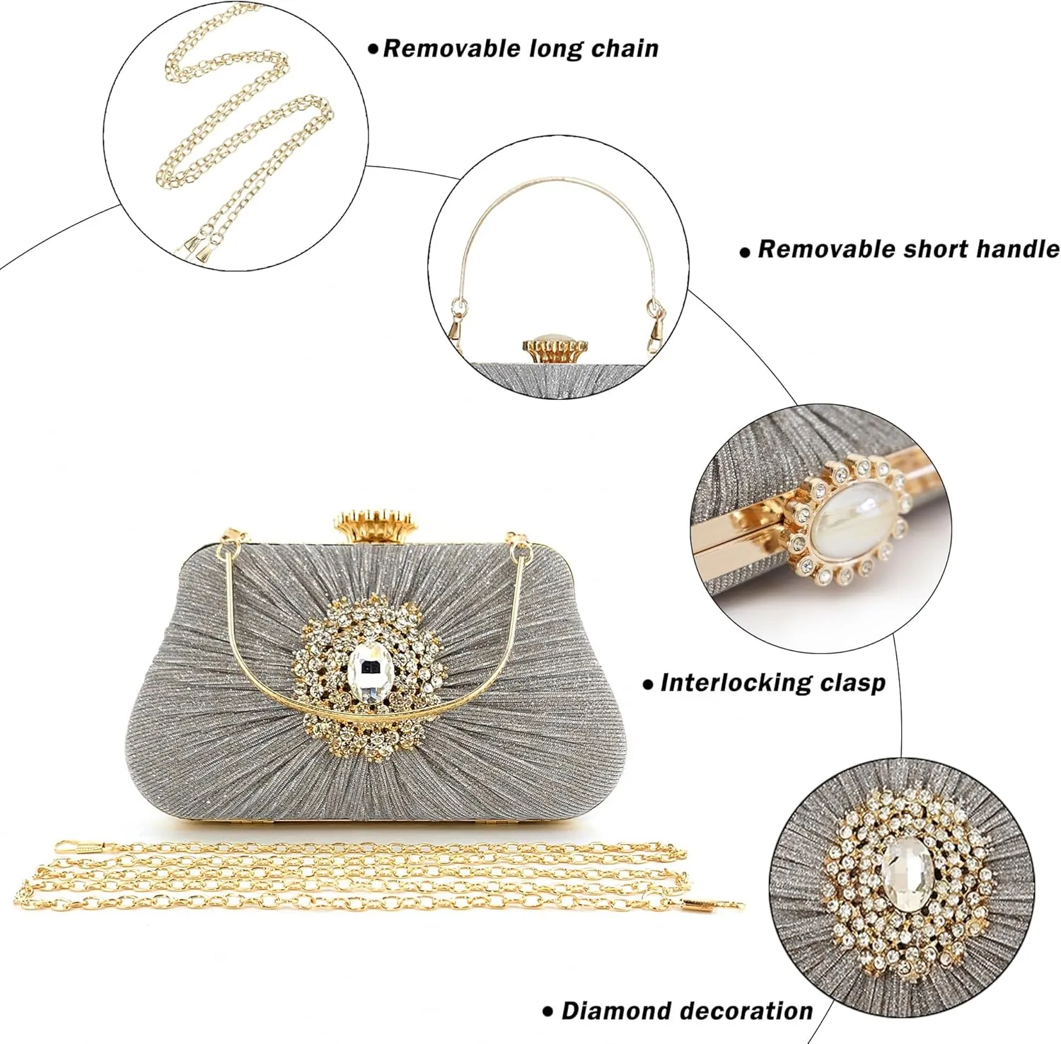 Buric Glitter Clutch Purses For Women Pleated Diamond Evening Handbag For Bridal Wedding Party With Rhinestone Bag