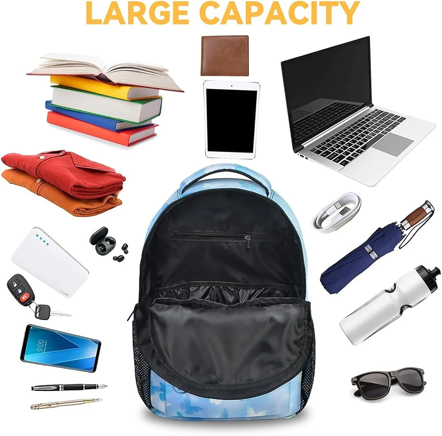 Butterfly Backpack for Girls Boys, 16 Inch Blue Backpacks for School, Cute Lightweight Durable Bookbags for Kids