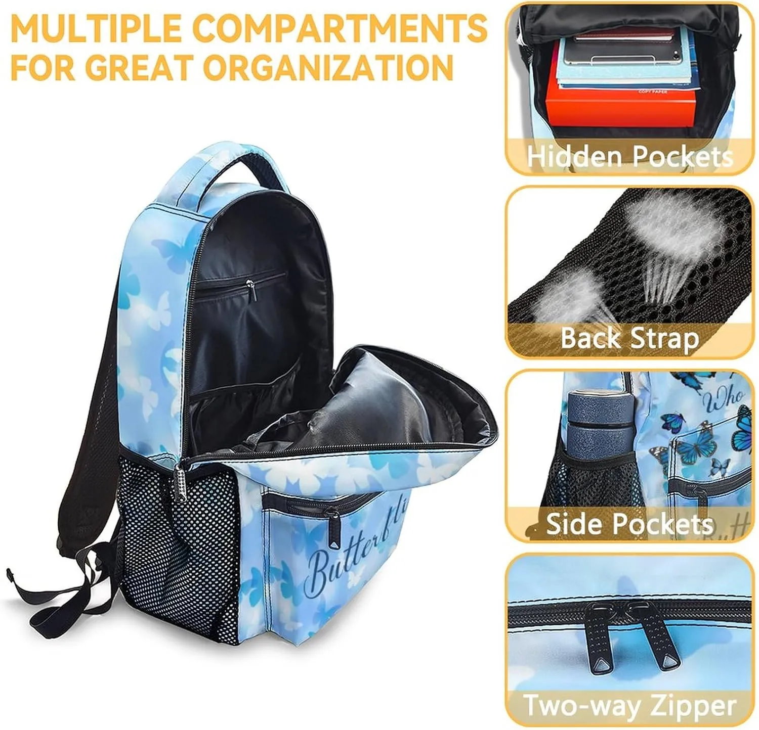 Butterfly Backpack for Girls Boys, 16 Inch Blue Backpacks for School, Cute Lightweight Durable Bookbags for Kids