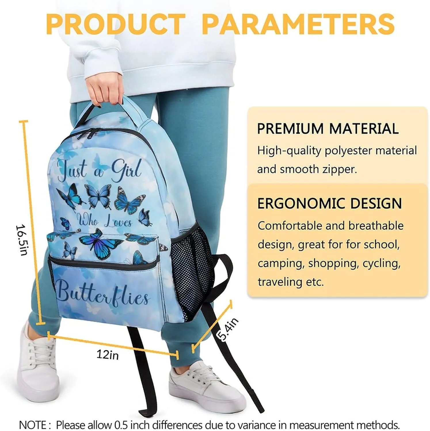 Butterfly Backpack for Girls Boys, 16 Inch Blue Backpacks for School, Cute Lightweight Durable Bookbags for Kids