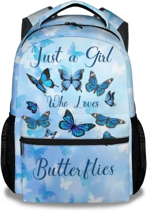Butterfly Backpack for Girls Boys, 16 Inch Blue Backpacks for School, Cute Lightweight Durable Bookbags for Kids