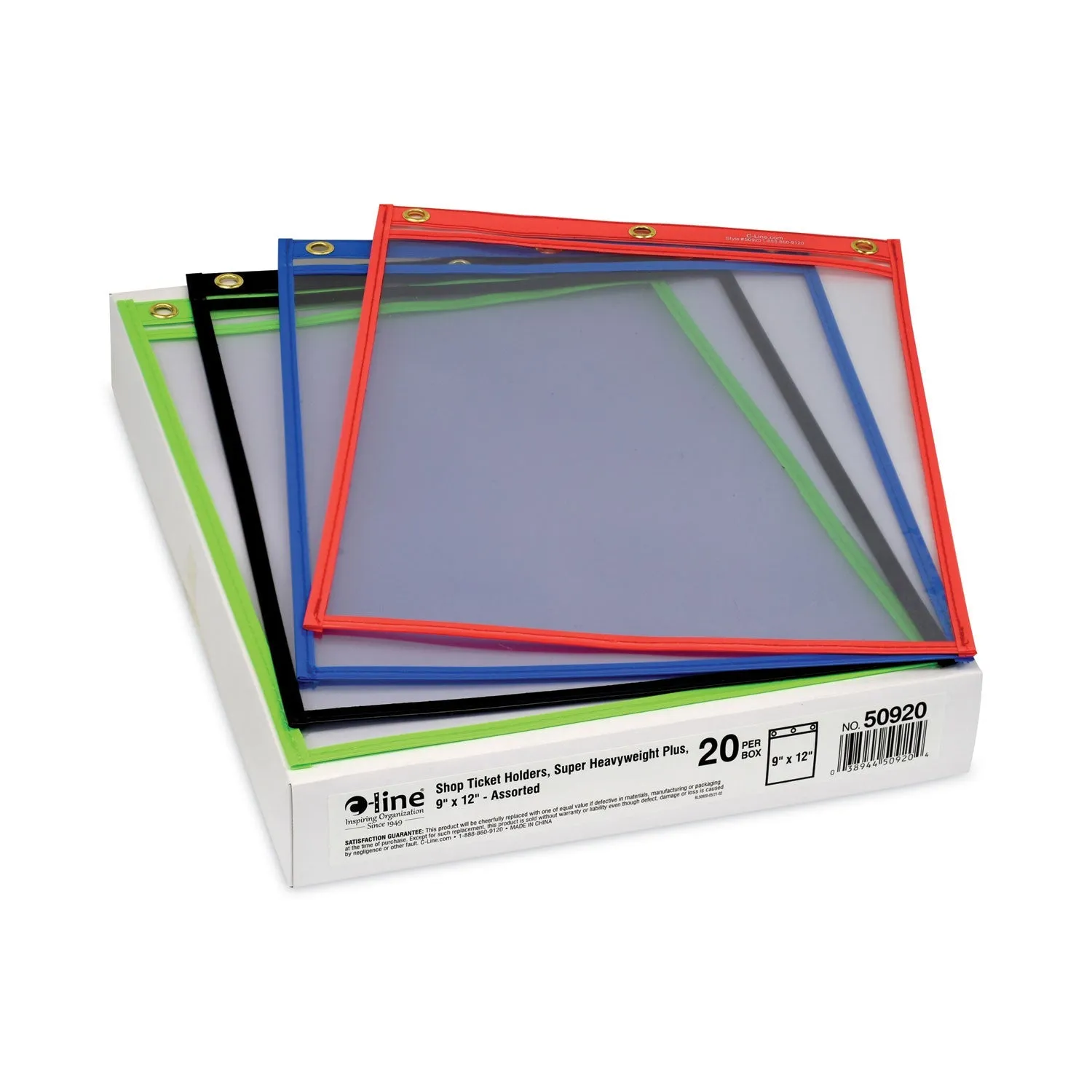 C-Line® Heavy-Duty Super Heavyweight Plus Stitched Shop Ticket Holders, Clear/Assorted, 9 X 12, 20/Box