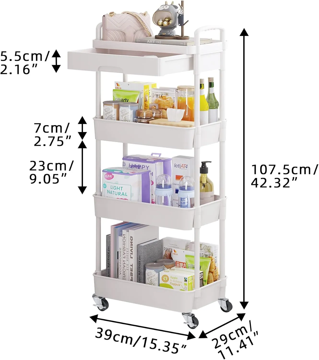 Calmootey 4-Tier Rolling Utility Cart with Drawer,Multifunctional Storage Organizer with Plastic Shelf & Metal Wheel,Storage Cart for Kitchen,Bathroom,Living Room,Office,White