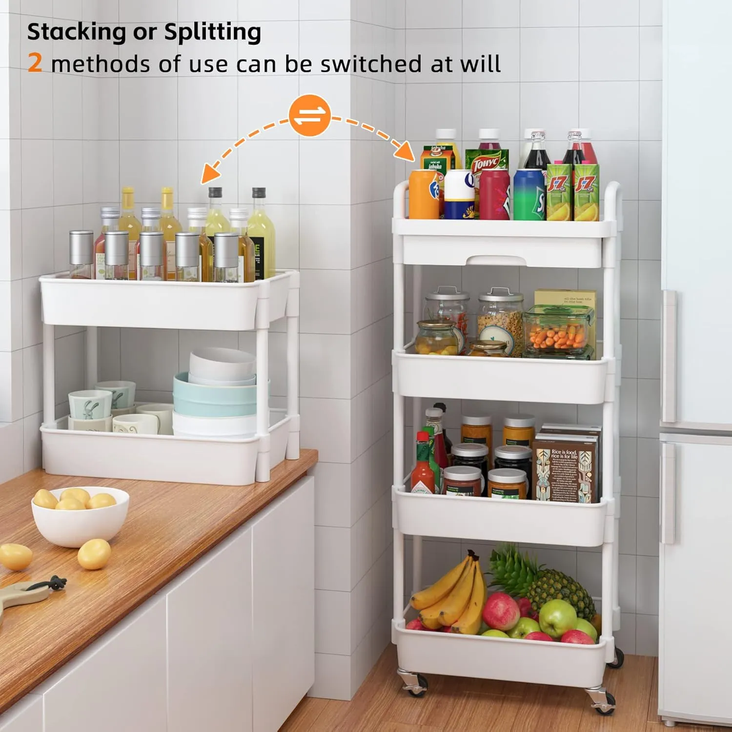 Calmootey 4-Tier Rolling Utility Cart with Drawer,Multifunctional Storage Organizer with Plastic Shelf & Metal Wheel,Storage Cart for Kitchen,Bathroom,Living Room,Office,White