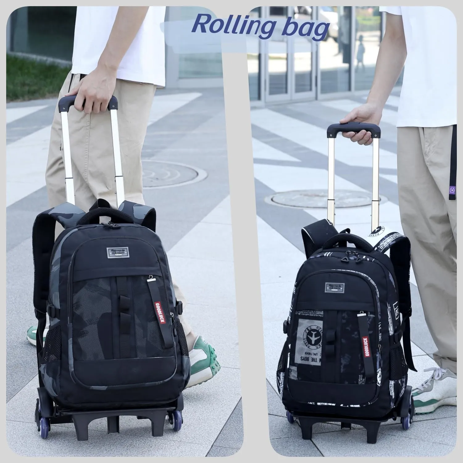 Camo Rolling Backpack for Boys Backpack with Wheels Kids Wheeled School Bag Trolley Bookbag Black White