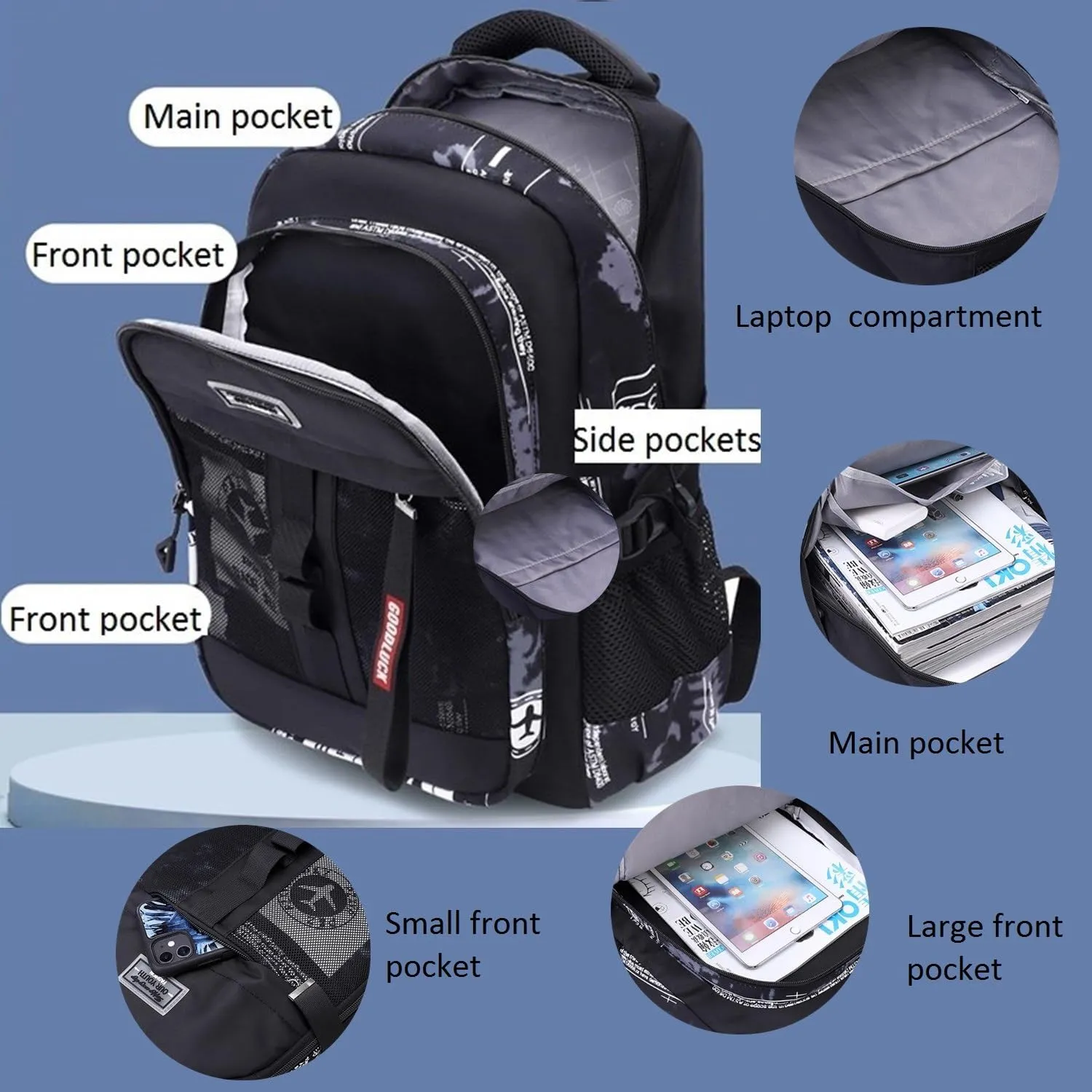 Camo Rolling Backpack for Boys Backpack with Wheels Kids Wheeled School Bag Trolley Bookbag Black White