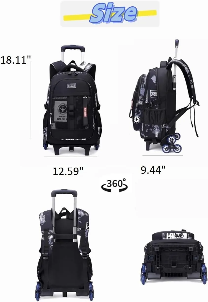 Camo Rolling Backpack for Boys Backpack with Wheels Kids Wheeled School Bag Trolley Bookbag Black White