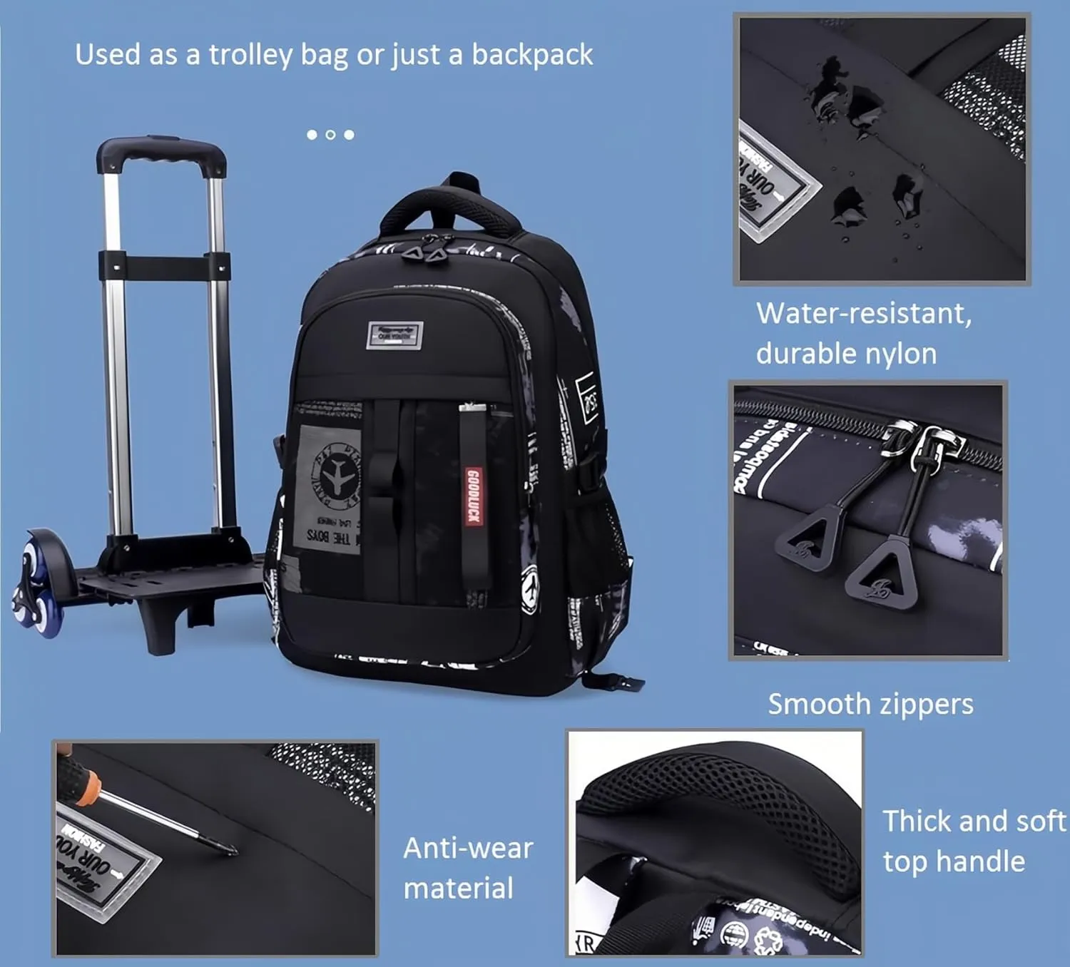 Camo Rolling Backpack for Boys Backpack with Wheels Kids Wheeled School Bag Trolley Bookbag Black White