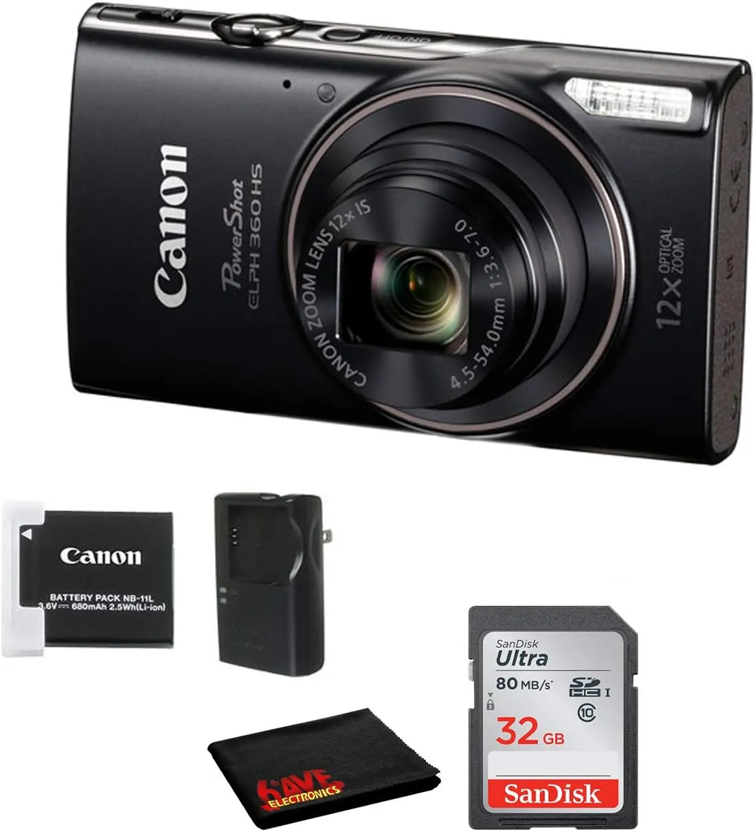 Canon PowerShot ELPH 360 HS Digital Point and Shoot Camera (Black) Bundle with 32 GB Memory Card and More (Renewed)
