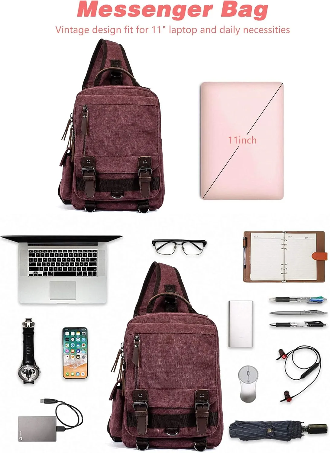 Canvas Messenger Bag Crossbody Shoulder Backpack Sling Bag Rucksack Daypack Casual Travel