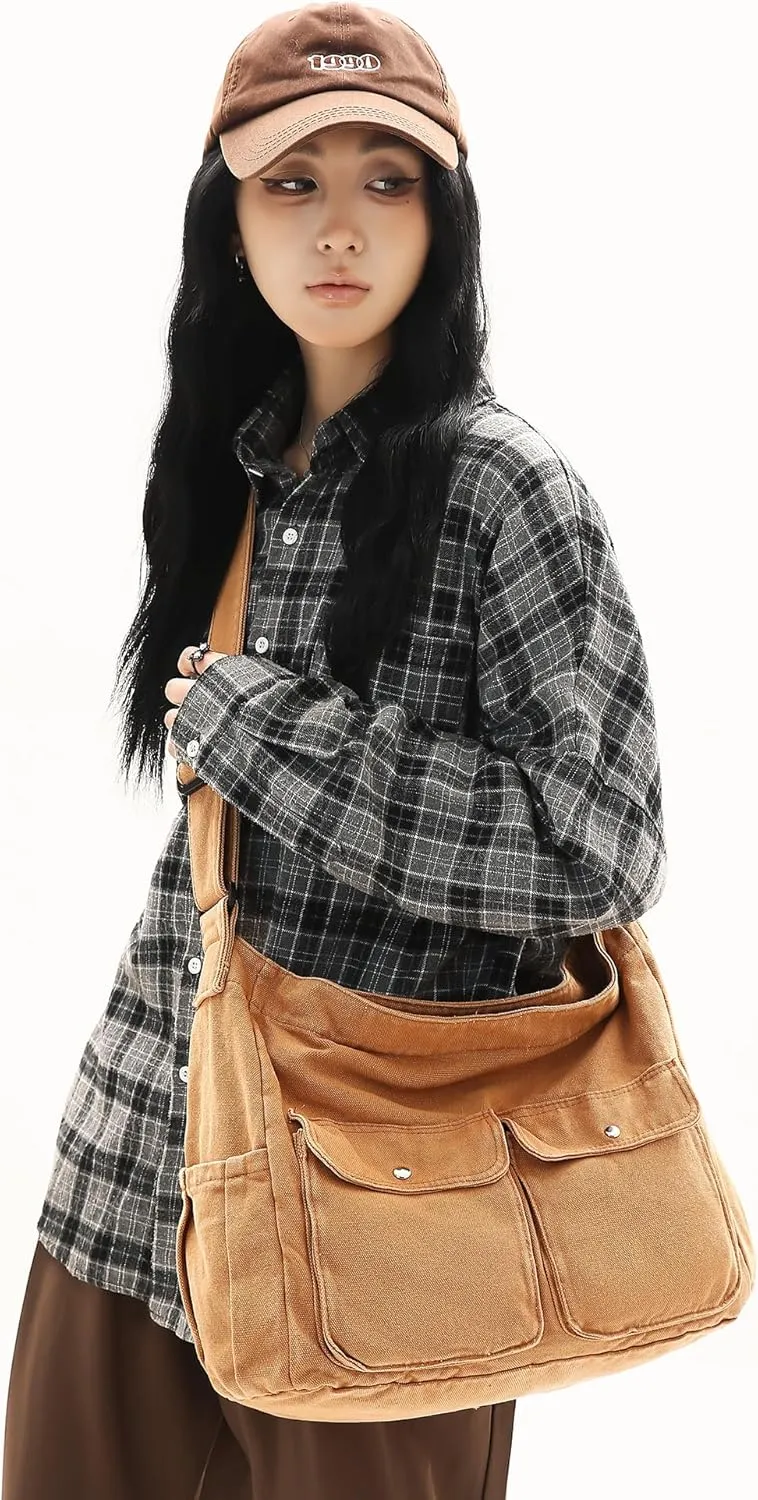 Canvas Messenger Bag Large Hobo Crossbody Bag for Women and Men Canvas Shoulder Tote Bag with Multiple Pockets for Work