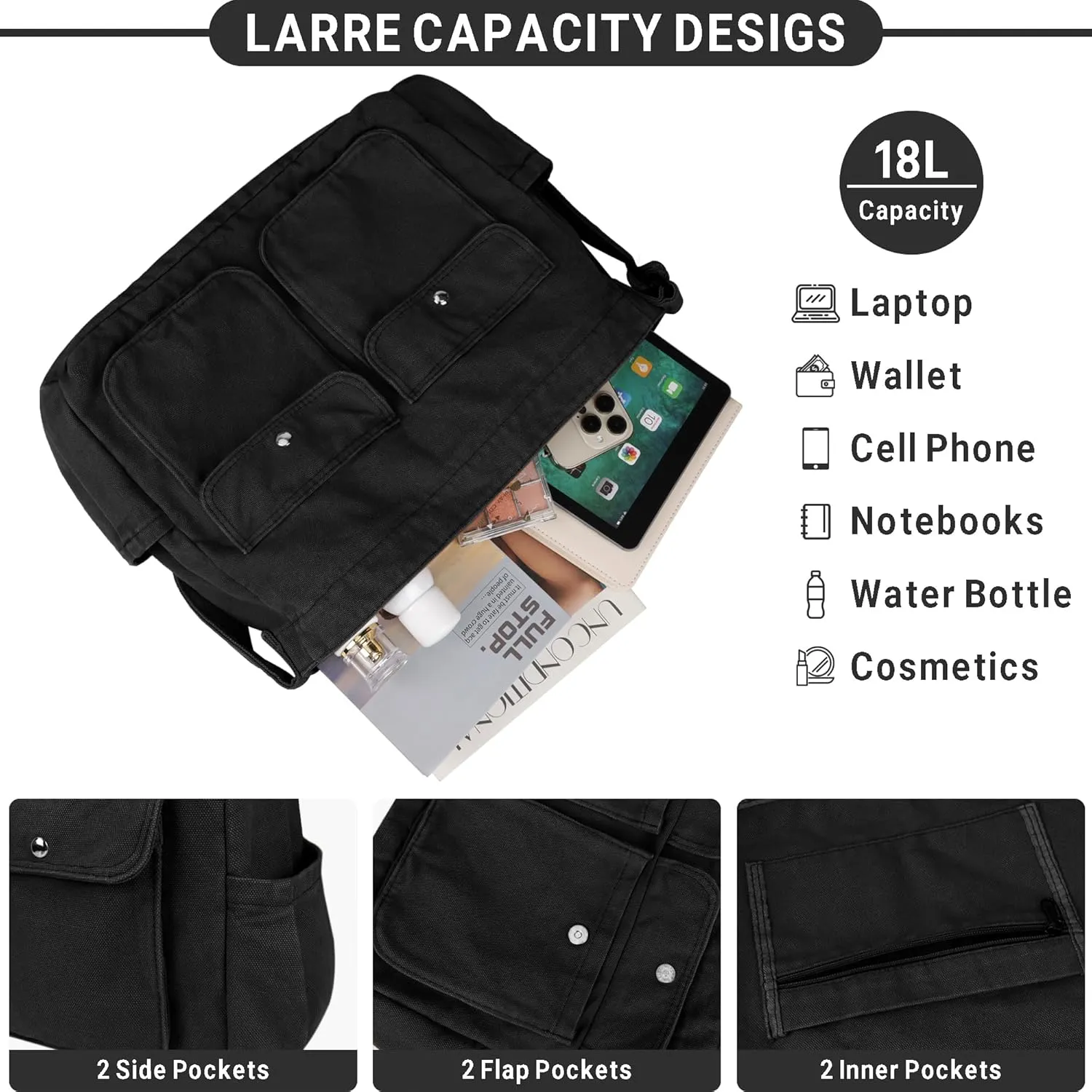 Canvas Messenger Bag Large Hobo Crossbody Bag for Women and Men Canvas Shoulder Tote Bag with Multiple Pockets for Work