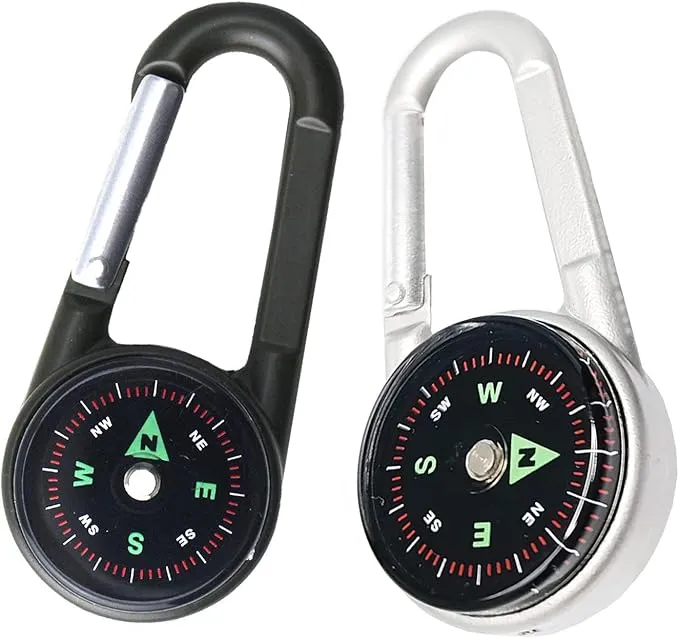 Carabiner Clip On Compass Hiking - Compact Compass Keychain Backpacks | Small Pocket Magnetic Compass Keychain for Kids - Hiking Compass Thermometer | Keyring Keychains Outdoor Survival Camping 2 Pcs