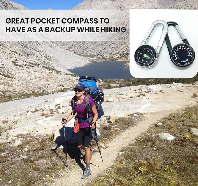 Carabiner Clip On Compass Hiking - Compact Compass Keychain Backpacks | Small Pocket Magnetic Compass Keychain for Kids - Hiking Compass Thermometer | Keyring Keychains Outdoor Survival Camping 2 Pcs