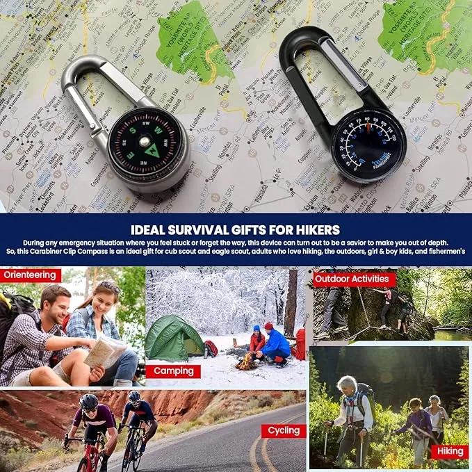 Carabiner Clip On Compass Hiking - Compact Compass Keychain Backpacks | Small Pocket Magnetic Compass Keychain for Kids - Hiking Compass Thermometer | Keyring Keychains Outdoor Survival Camping 2 Pcs