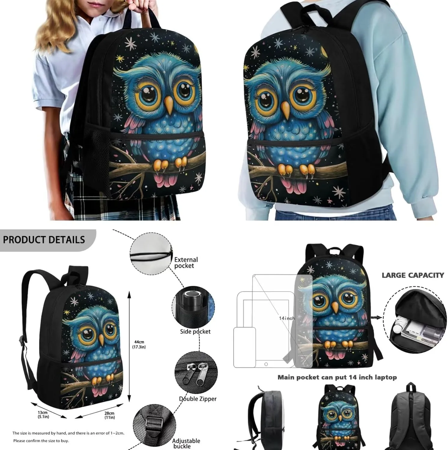 Cartoon Owl Printed Backpack Set for Boys Girls Set of 3 Bookbag with Lunch Bag and Pencil Case for Elementary Primary School Large Capacity Kids School Bag Casual Daypack