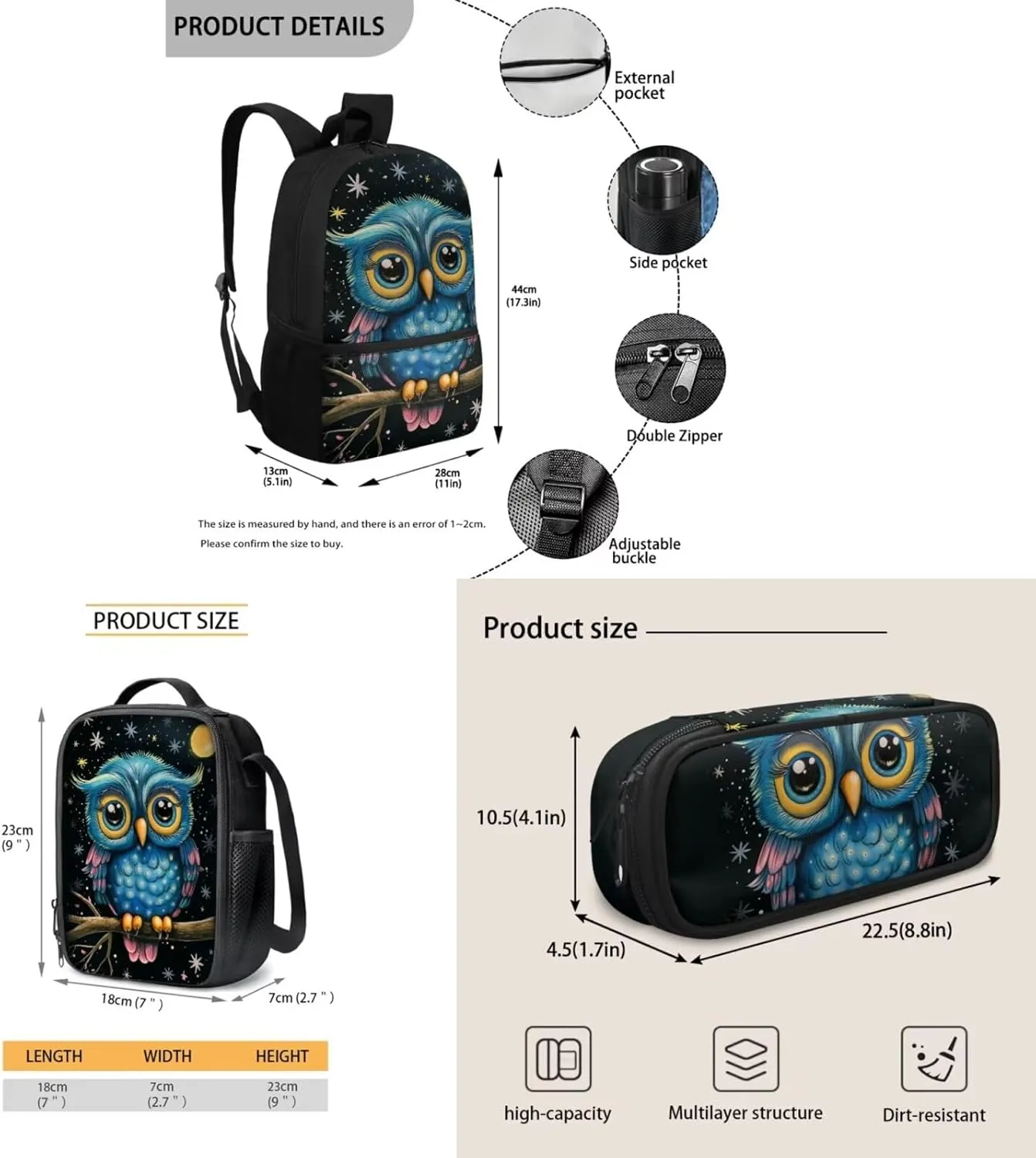 Cartoon Owl Printed Backpack Set for Boys Girls Set of 3 Bookbag with Lunch Bag and Pencil Case for Elementary Primary School Large Capacity Kids School Bag Casual Daypack