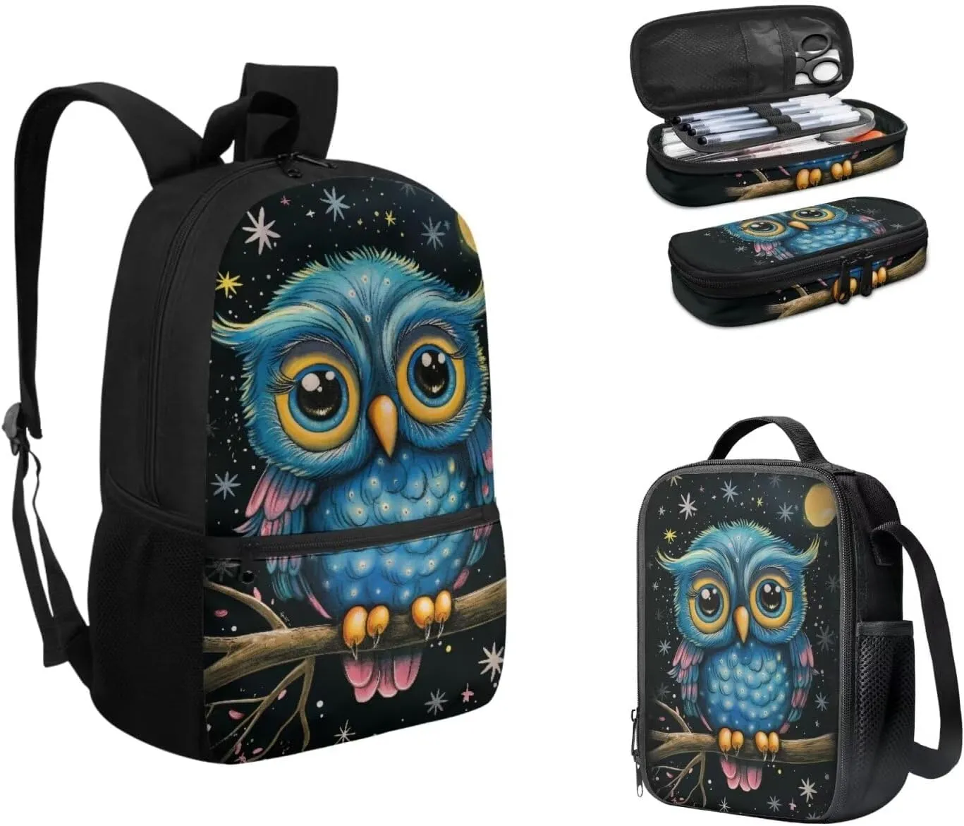 Cartoon Owl Printed Backpack Set for Boys Girls Set of 3 Bookbag with Lunch Bag and Pencil Case for Elementary Primary School Large Capacity Kids School Bag Casual Daypack