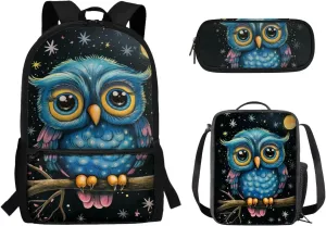 Cartoon Owl Printed Backpack Set for Boys Girls Set of 3 Bookbag with Lunch Bag and Pencil Case for Elementary Primary School Large Capacity Kids School Bag Casual Daypack