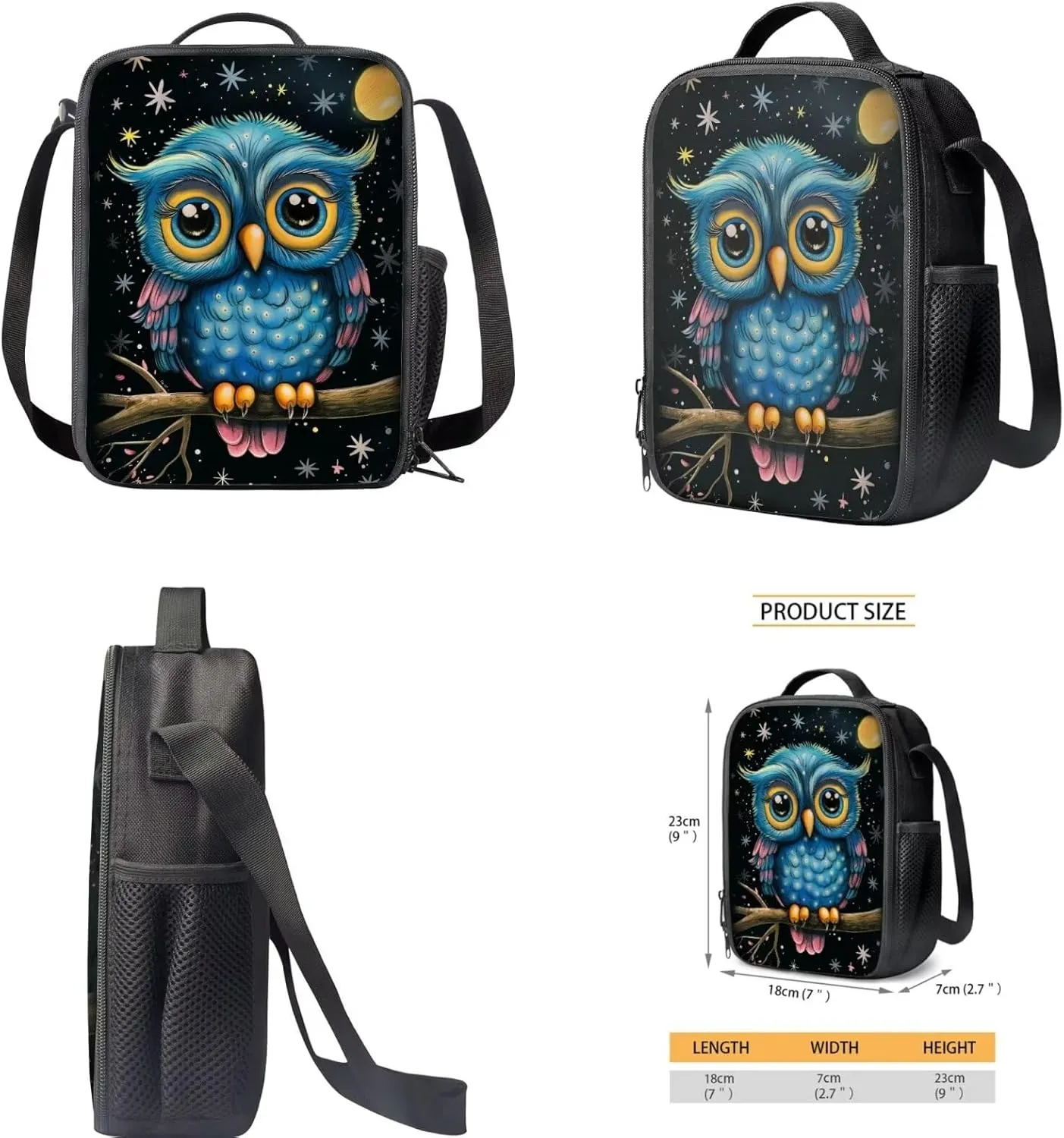 Cartoon Owl Printed Backpack Set for Boys Girls Set of 3 Bookbag with Lunch Bag and Pencil Case for Elementary Primary School Large Capacity Kids School Bag Casual Daypack