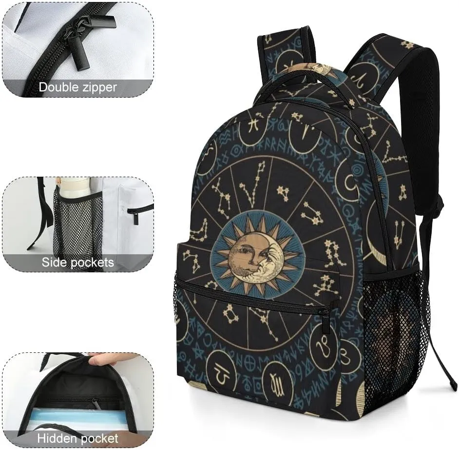 Casual Daypacks Backpacks Laptop Backpack Moon Phases Sun Astrological Theme Work Bussiness School Students Bookbag Travel Hiking Gym Bags Waterproof Lightweight Women Men 16.5x12x6 Inch