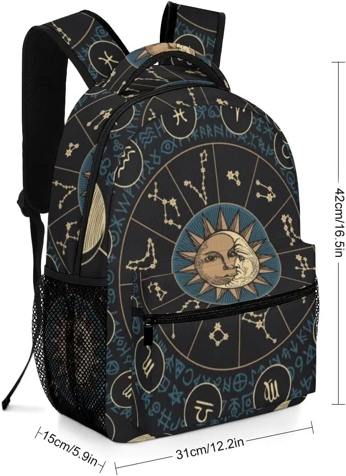Casual Daypacks Backpacks Laptop Backpack Moon Phases Sun Astrological Theme Work Bussiness School Students Bookbag Travel Hiking Gym Bags Waterproof Lightweight Women Men 16.5x12x6 Inch