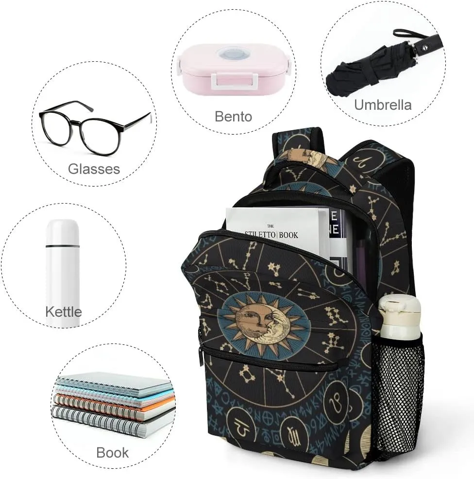 Casual Daypacks Backpacks Laptop Backpack Moon Phases Sun Astrological Theme Work Bussiness School Students Bookbag Travel Hiking Gym Bags Waterproof Lightweight Women Men 16.5x12x6 Inch
