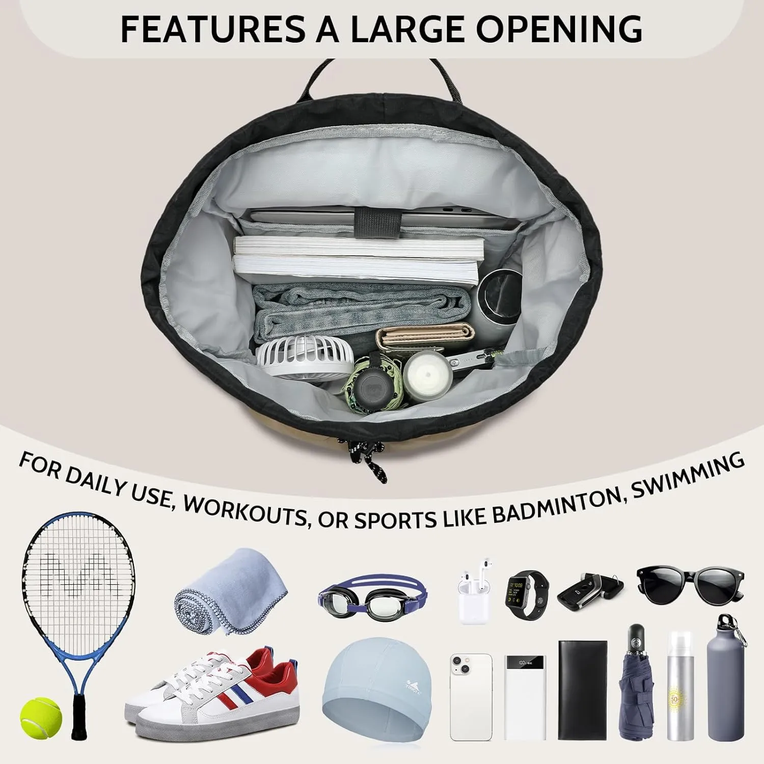 Casual Drawstring Backpack, 22L String Bag Gym Backpacks for Men Women, Water-Resistant Sports Bag Workout Backpack for Beach Swim Hiking Basketball Outdoor Activities Carry Everywhere, Grey