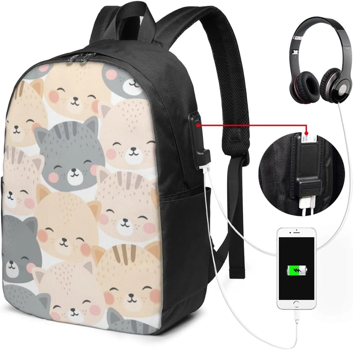 Cats Kitten Cute Pastel Backpack, 17 Inch Travel Business Laptop Backpack With USB Port for Women Men