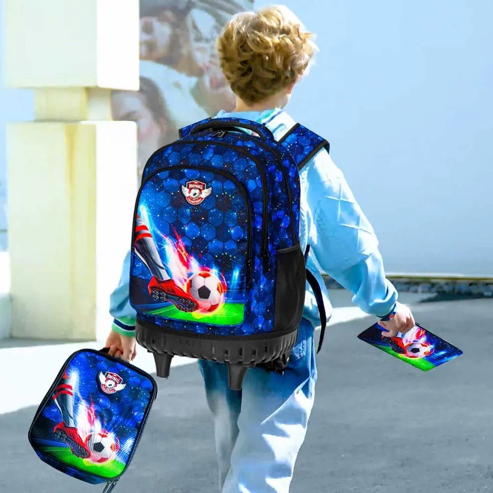 CCJPX 3PCS Rolling Backpack for Boys, 21 Inch Soccer Water Resistant Backpacks with Roller Wheels, Football Wheeled Bookbag for Teens Elementary School Travel-Blue