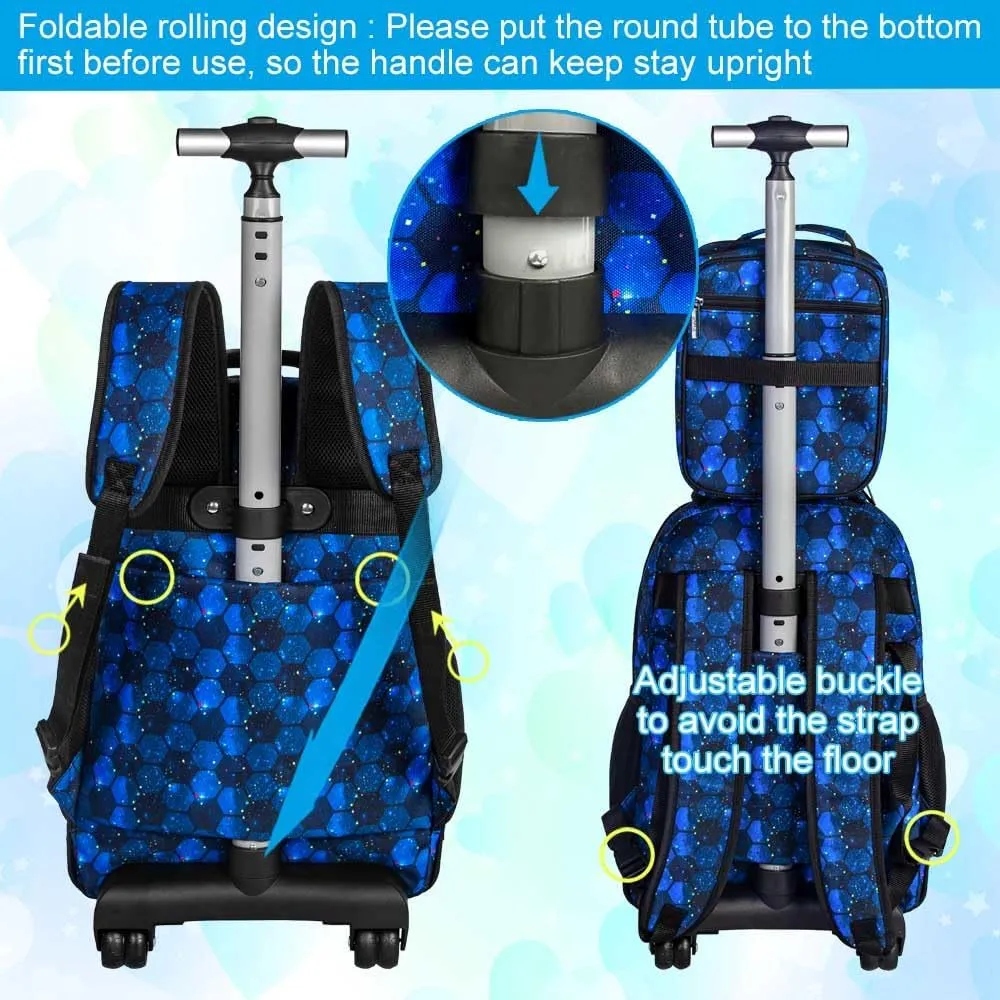 CCJPX 3PCS Rolling Backpack for Boys, 21 Inch Soccer Water Resistant Backpacks with Roller Wheels, Football Wheeled Bookbag for Teens Elementary School Travel-Blue
