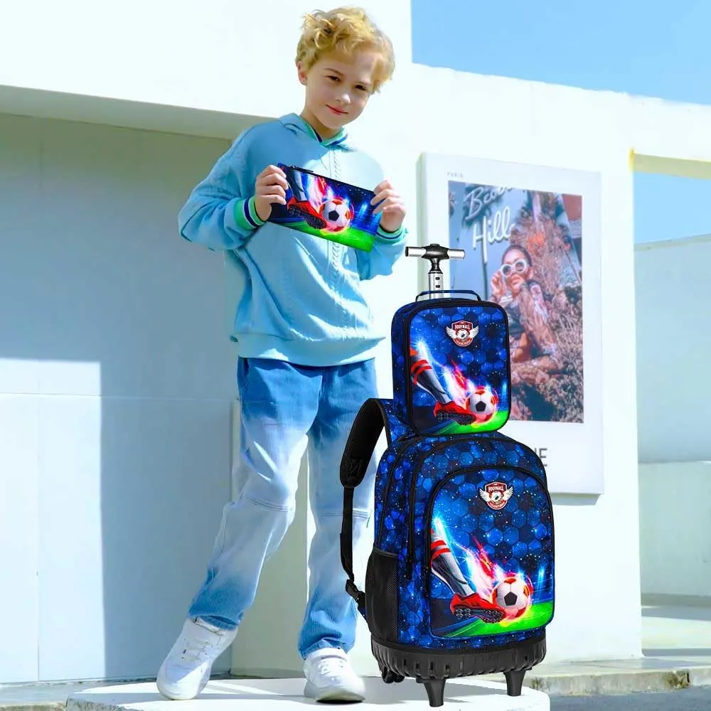 CCJPX 3PCS Rolling Backpack for Boys, 21 Inch Soccer Water Resistant Backpacks with Roller Wheels, Football Wheeled Bookbag for Teens Elementary School Travel-Blue